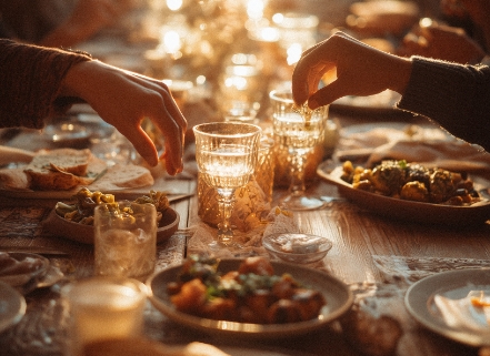 Nahaufnahme eines gedeckten Tisches, auf dem zwei Hände nach Speisen und Getränken greifen. Die Szene ist hell, warm und von Kerzenlicht beleuchtet.