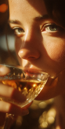 Extrem-Nahaufnahme einer jungen Frau mit blauen Augen, die einen goldenen Drink aus einem Coupette-Glas trinkt, beleuchtet von warmem Seitenlicht.