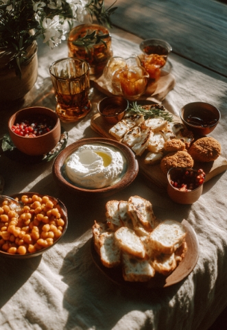 Übersicht einer Mezze-Platte mit Hummus, Kichererbsen, geröstetem Brot, Granatapfelkernen und kleinen Vorspeisen, begleitet von zwei Gläsern mit dunklem Drink auf einer hellen Tischdecke.