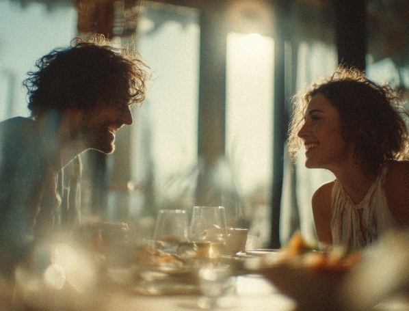 Ein lächelndes Paar mit lockigen Haaren sitzt sich in einem hellen Restaurant gegenüber und blickt sich verliebt an. Die Szene ist durch starkes Gegenlicht romantisch beleuchtet.
