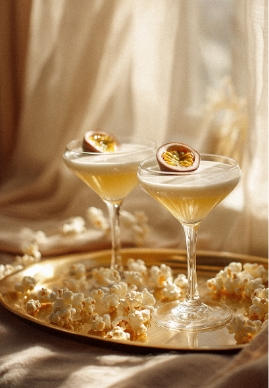 Zwei goldgelbe Cocktails in Martinigläsern mit Schaumkrone und Passionsfrucht-Garnitur auf einem goldenen Tablett, umgeben von Popcorn.