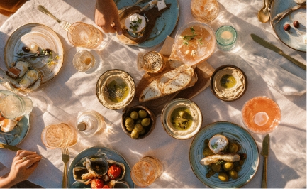 Draufsicht auf einen gedeckten Tisch mit mediterranen Speisen wie Hummus, Oliven, Brot und kleinen Vorspeisen. Eine Hand greift nach Essen.